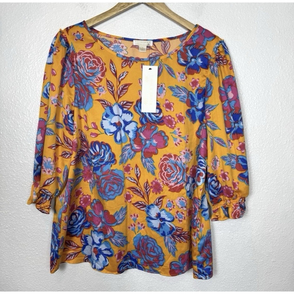 New Finn & Grace Orange Floral Blouse Women's Medium Blue Pink Ruffle Top‎ Boho